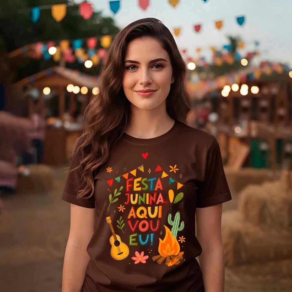Camisa Camiseta feminina Festa junina Caipira São João Premium Peão Arraiá Aqui Eu Vou
