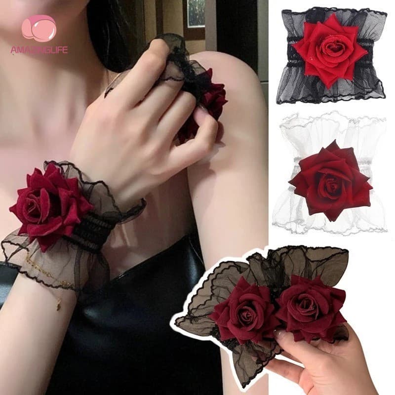 2 Pcs Pulseira Gótica De Renda Vermelha Rosa-Ornamentos De Mão De Malha De Flor Doce Para Meninas-Acessórios De Ruffle