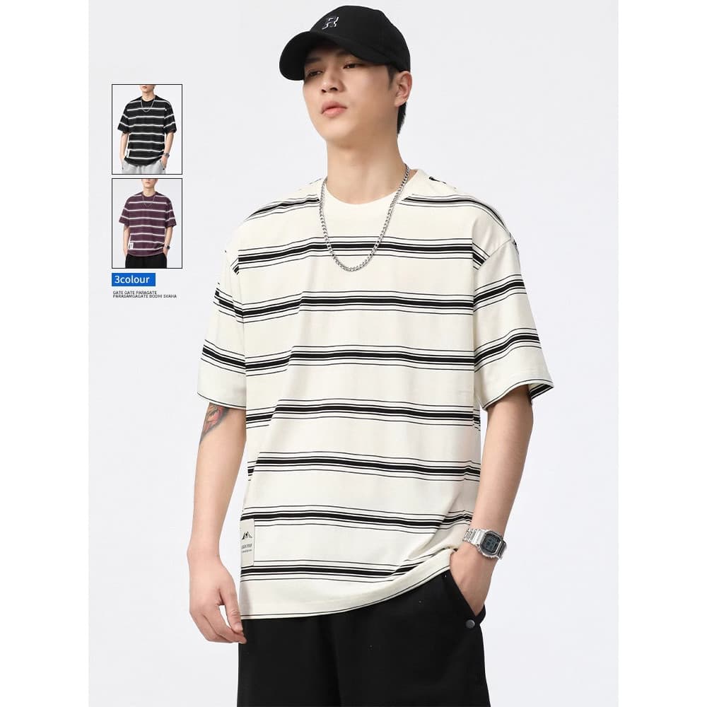 Homens listrado de manga curta verão estilo japonês fresco na moda solto em torno do pescoço roupas 2025 nova simples ca