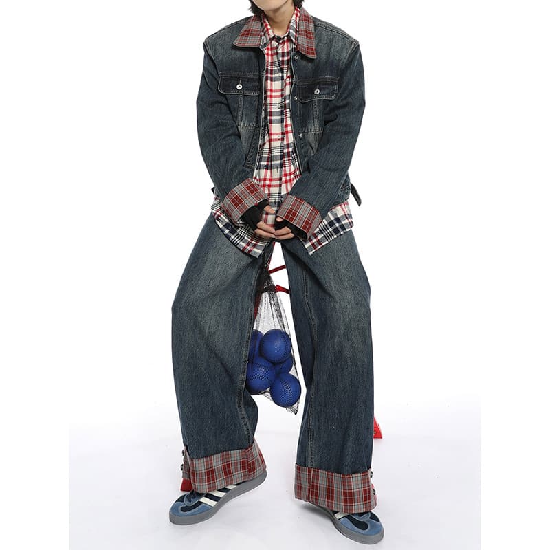 Americano Retro Casual High-End costura xadrez contraste cor lavado Denim jaqueta Jeans terno na moda