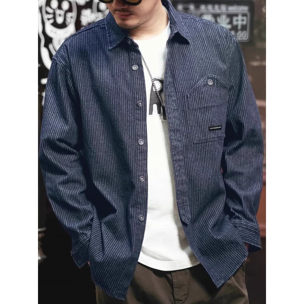 Americano listrado camisa de manga comprida masculina primavera outono Casual americano Retro topo rufião bonito ferrame