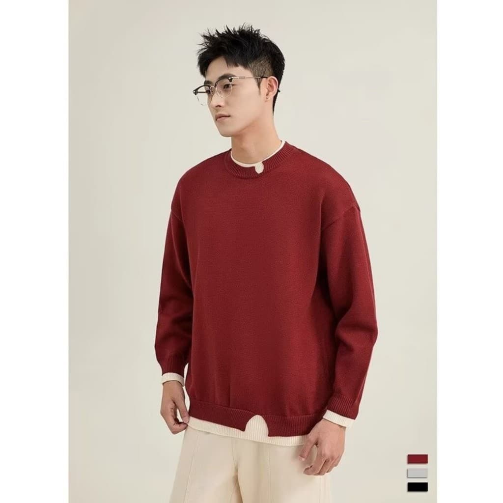 Novo outono inverno masculino de manga comprida camisola vermelha em torno do pescoço falso de duas peças novo estilo ca