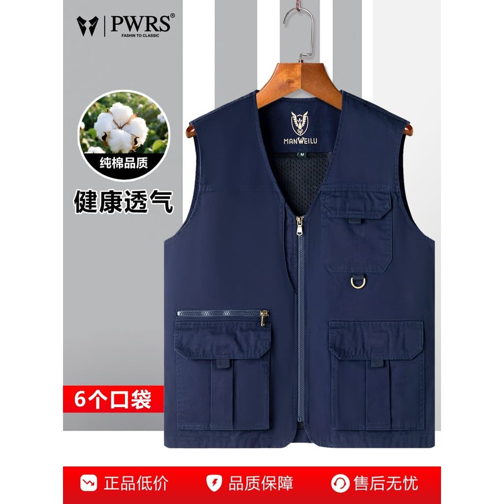 Colete masculino primavera outono 2025 novo estilo puro algodão Multi-bolso macacão de meia-idade idosos colete lazer ao