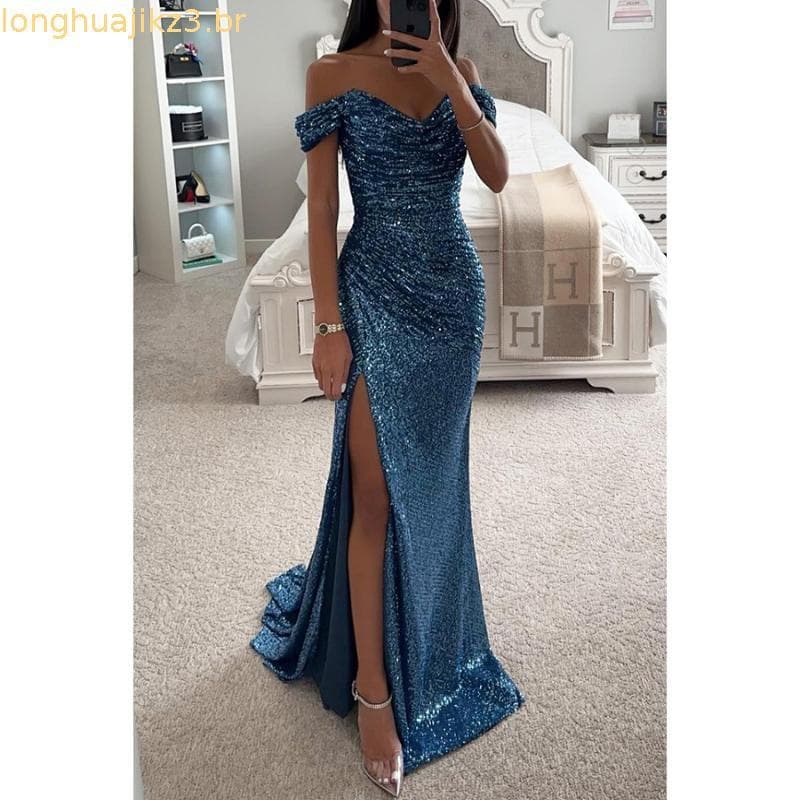 Vestido Maxi Feminino Com Decote E Lantejoulas Para Festa De Casamento 2025
