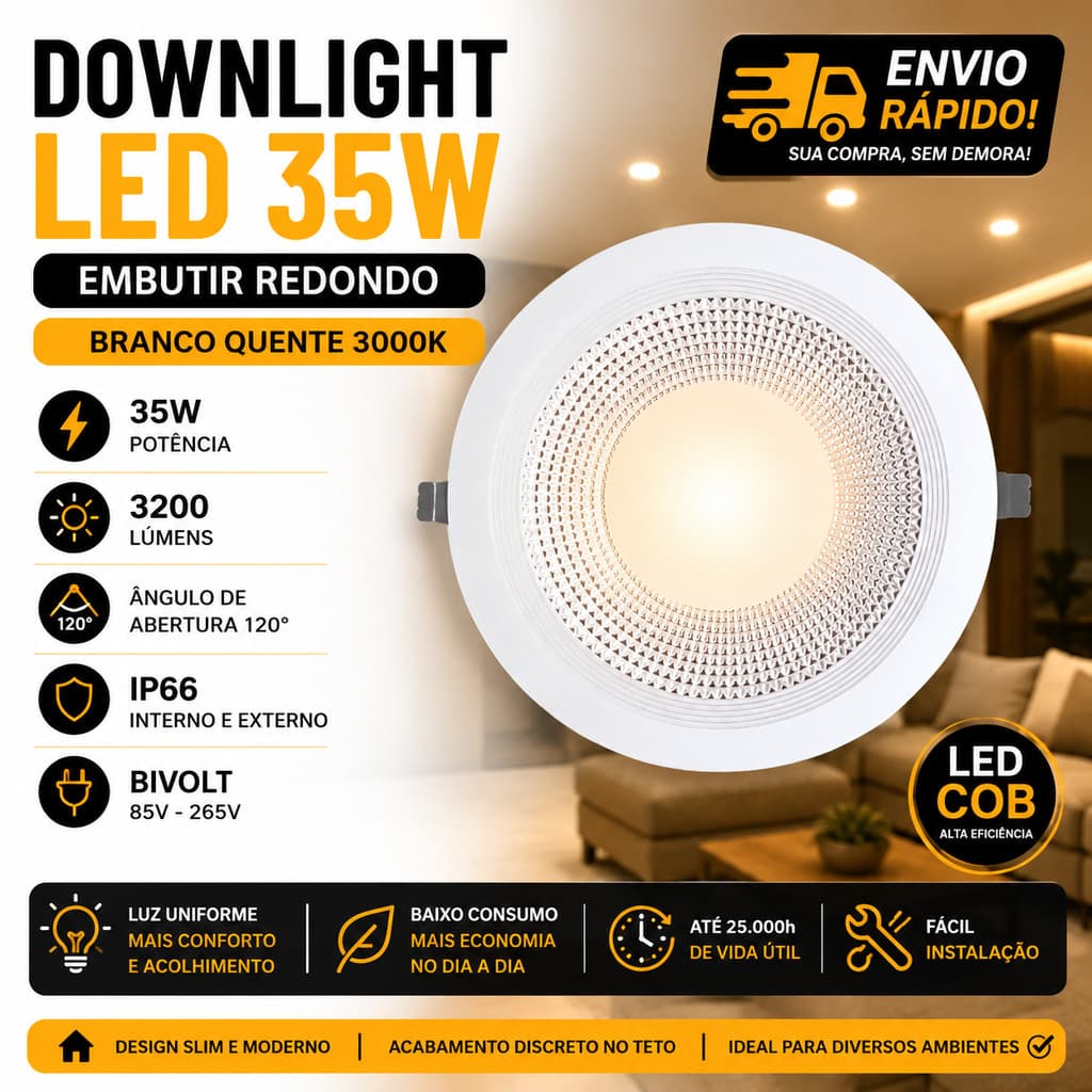 Downlight LED 35W COB Redondo Embutir Bivolt Branco Quente