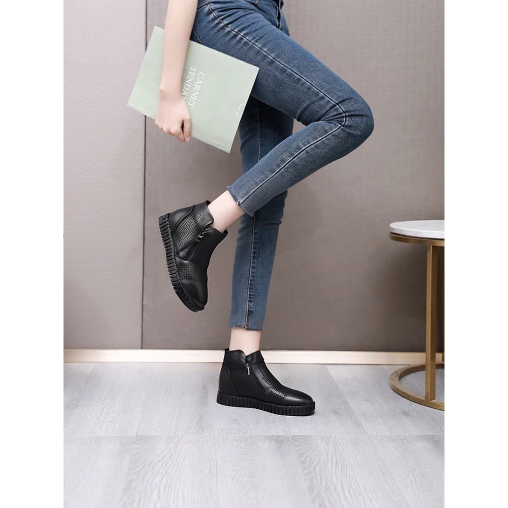 Tamanho 35 dedo do pé redondo duplo zíper de sola grossa couro perfurado sapatos femininos botas femininas sapatos único