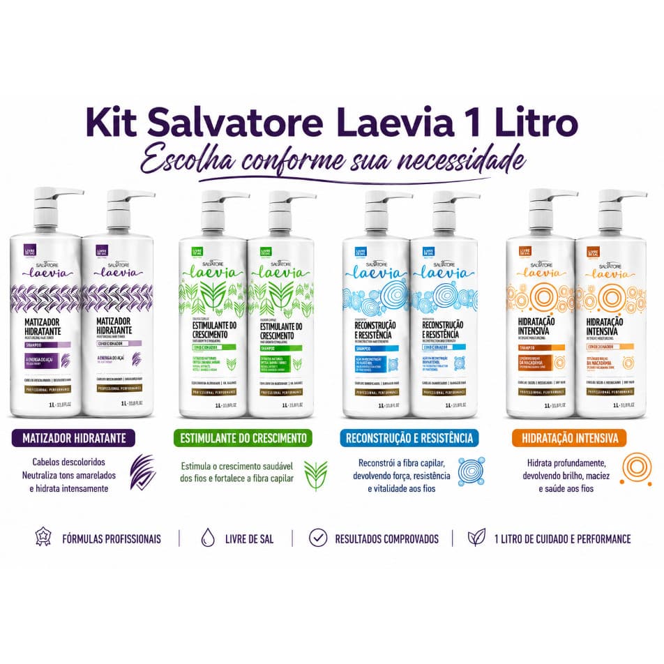 Kit Salvatore Laevia Shampoo Condicionador Hidratação Recontrução Matizador Crescimento 1 Litro