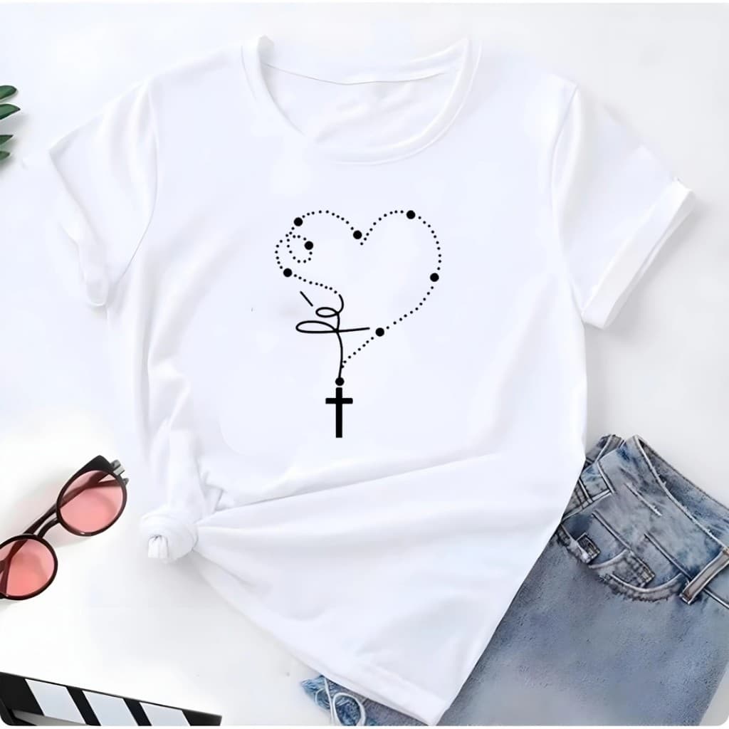 Blusa T-shirt Linda Camiseta Feminina Fé Terço Jesus Camisa Camiseta Feminina confortável