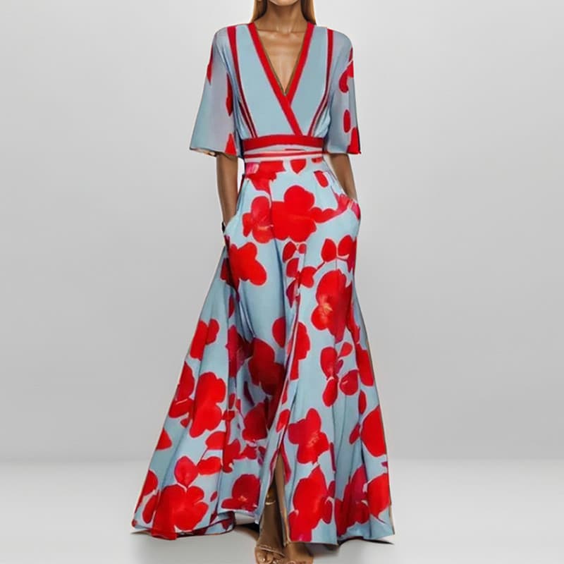 2025 novo estilo europeu americano moda feminina elegante temperamento com decote em V impresso plissado saia grande ves