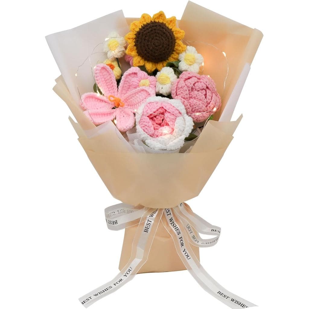 Buquê de Flores de Crochê - Rosa, Girassol e Tulipa de Crochê Feitos à Mão, Presente Atencioso para Todas as Ocasiões, A