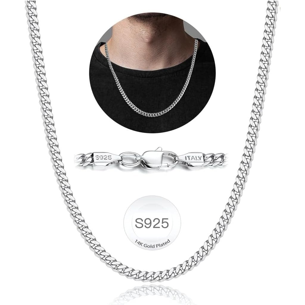 Solid 925 Sterling Silver Chain Necklace for Men, 4mm Miami Mens Cuban Link Chain Necklace for Men, Mens Chain 18 Inch