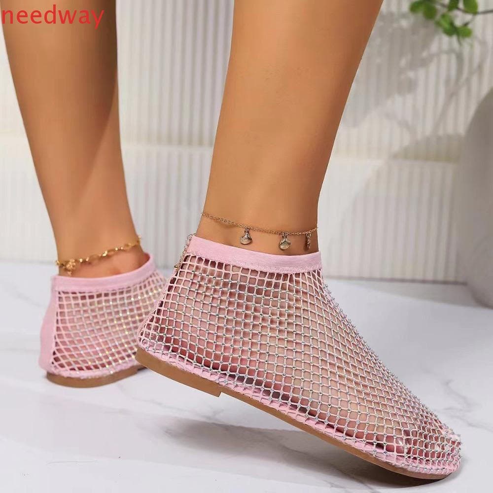 NEEDWAYB Chinelo De Sandália De Strass , Sapatos Baixos De Férias , Sandálias De Malha À Beira-Mar , Bota De Tornozelo B