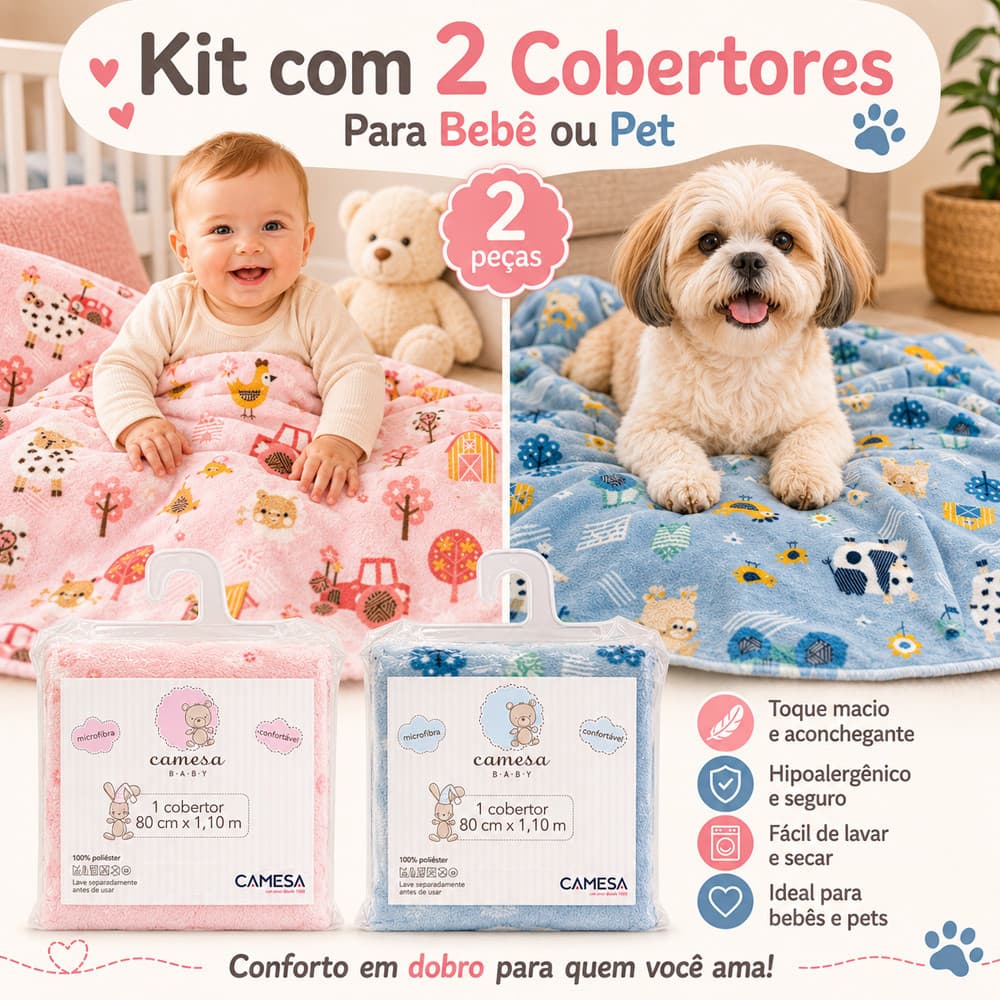 Kit 2 Cobertor Estampado Manta Microfibra Baby Pet Cachorro Bebe Macio Embalagem PVC