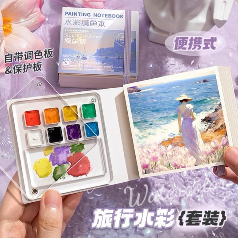 Mini conjunto completo de tinta aquarela caixa acrílica portátil para crianças esboço viagem livro de pintura colorida c