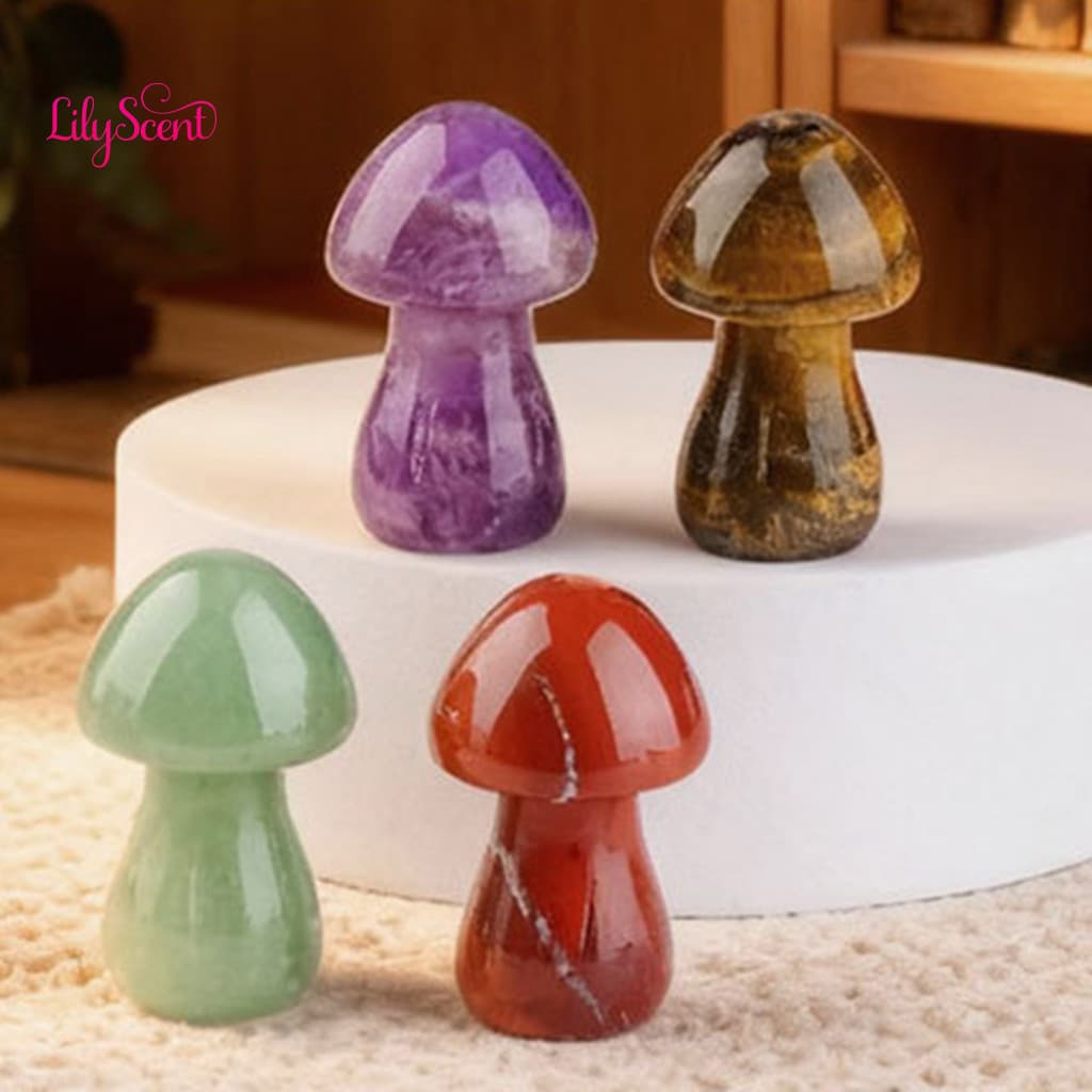 Mini Natural Stone Mushroom Array Arrangement Gemstone Sculpture – Polished Healing Figurine Cute Home Decor Flower Po
