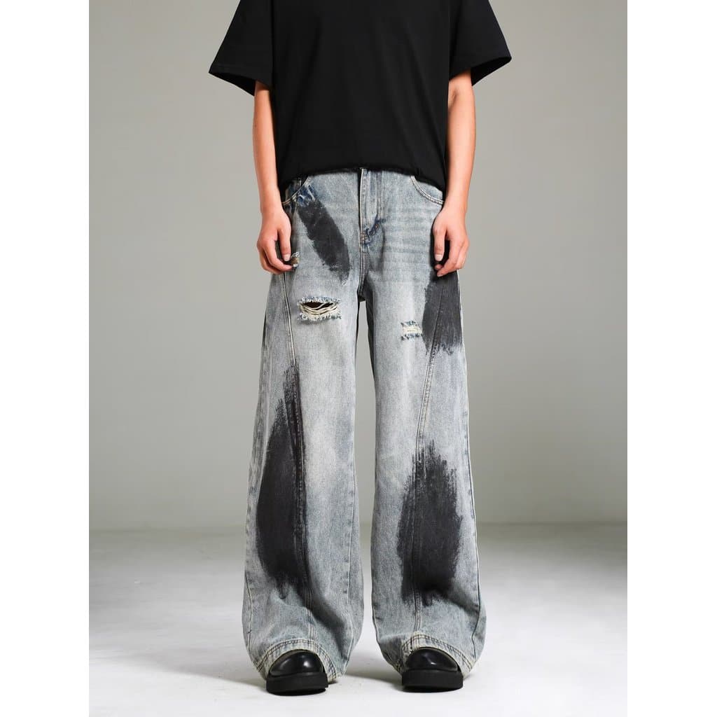Americano High street rasgado Jeans masculino verão street Wear Retro solto perna larga europeu americano em linha reta