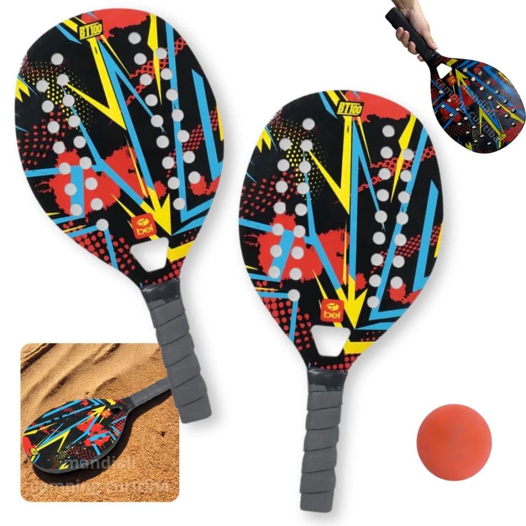 Conjunto de 2 Raquetes Beach Tennis em Madeira Red e Preta + Bolinha Bt100