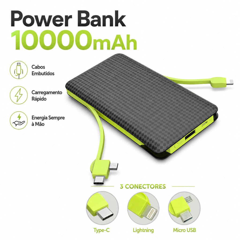 Power Bank 10000mAh Com Cabos Embutidos Tipo C Lightning Micro USB Carga Rápida