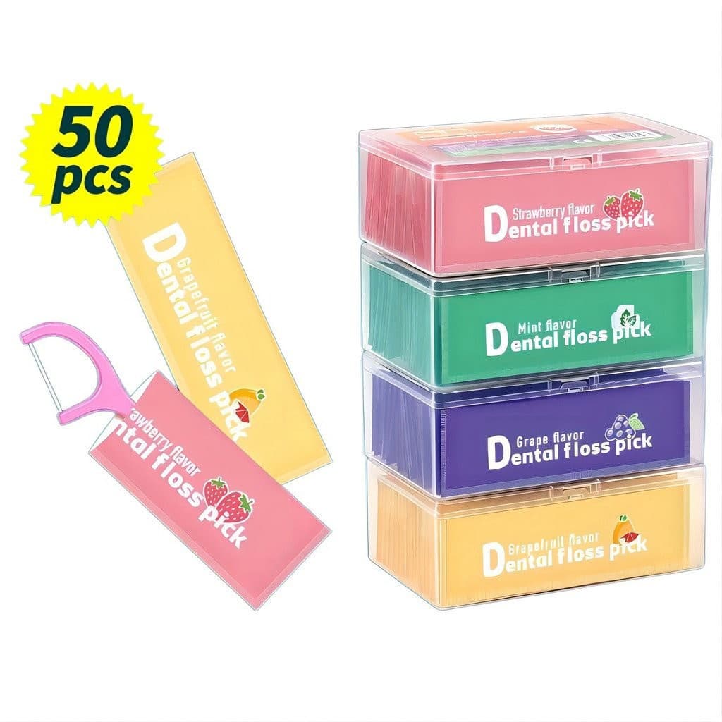 50 fios dentais portáteis com sabor de frutas, conjunto de cuidados dentais infantis de alta qualidade, fio dental com s