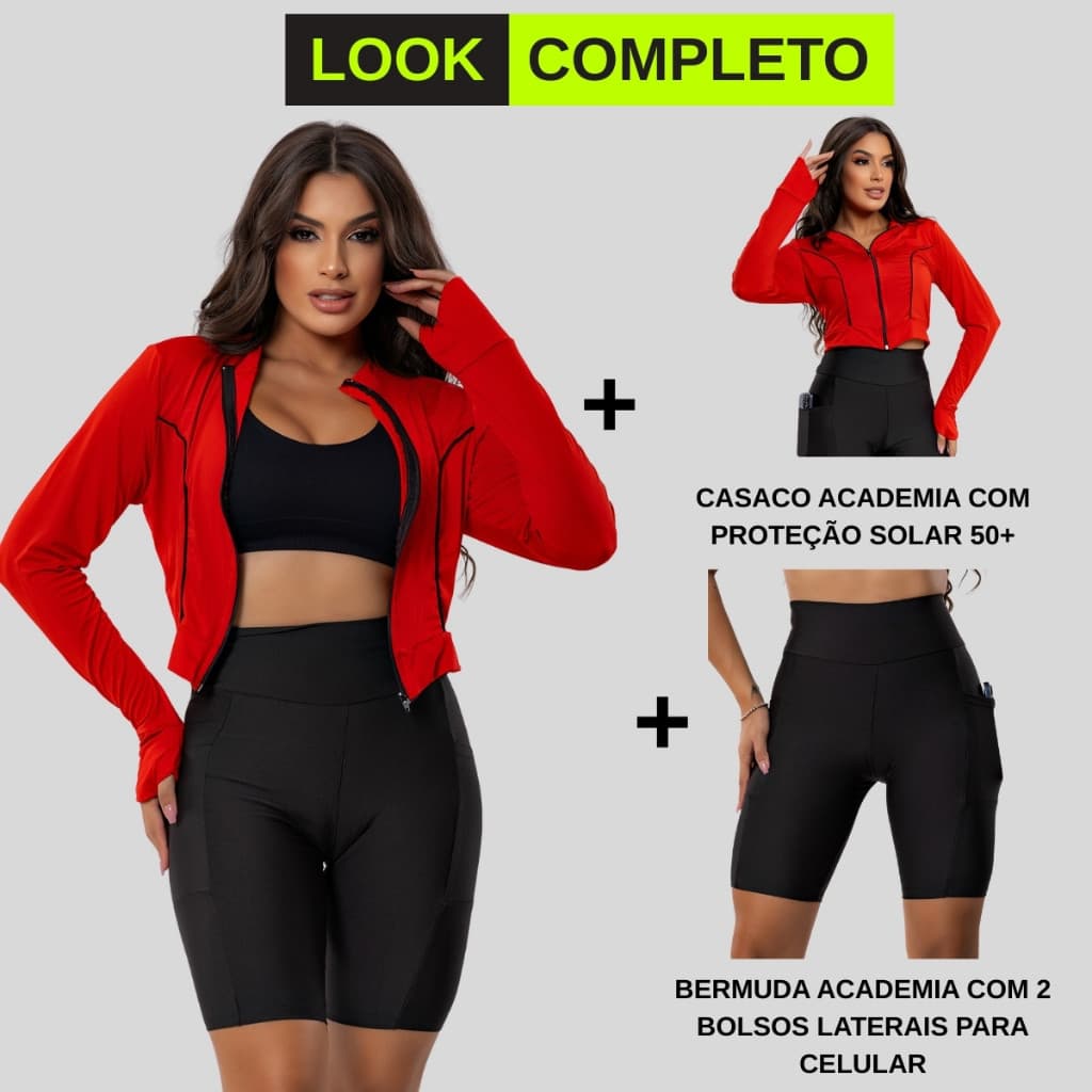 Kit Bermuda Fitness Feminino + Casaco Cropped Roupa Academia