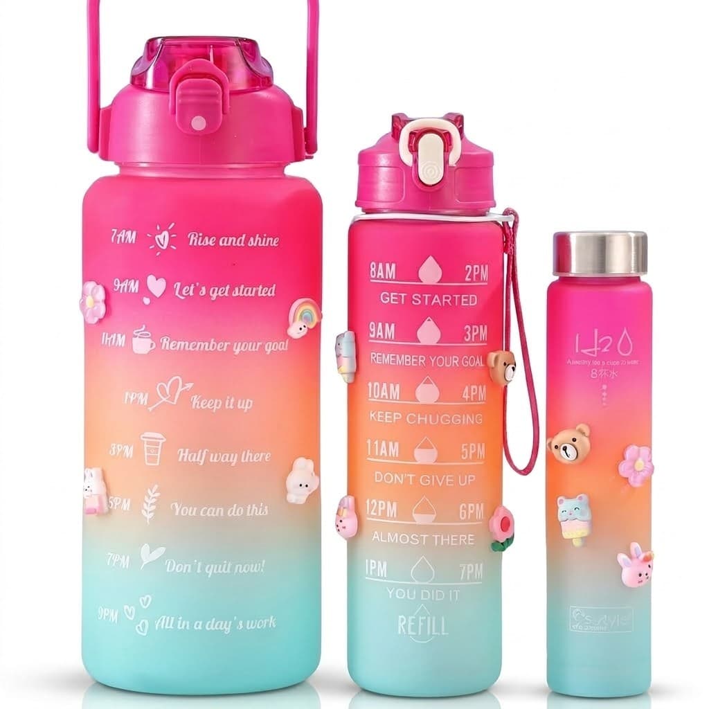 Kit 3 Garrafas Squeeze Motivacional 2L 900ml 300ml BPA Free Academia Treino Hidratacao Esportiva