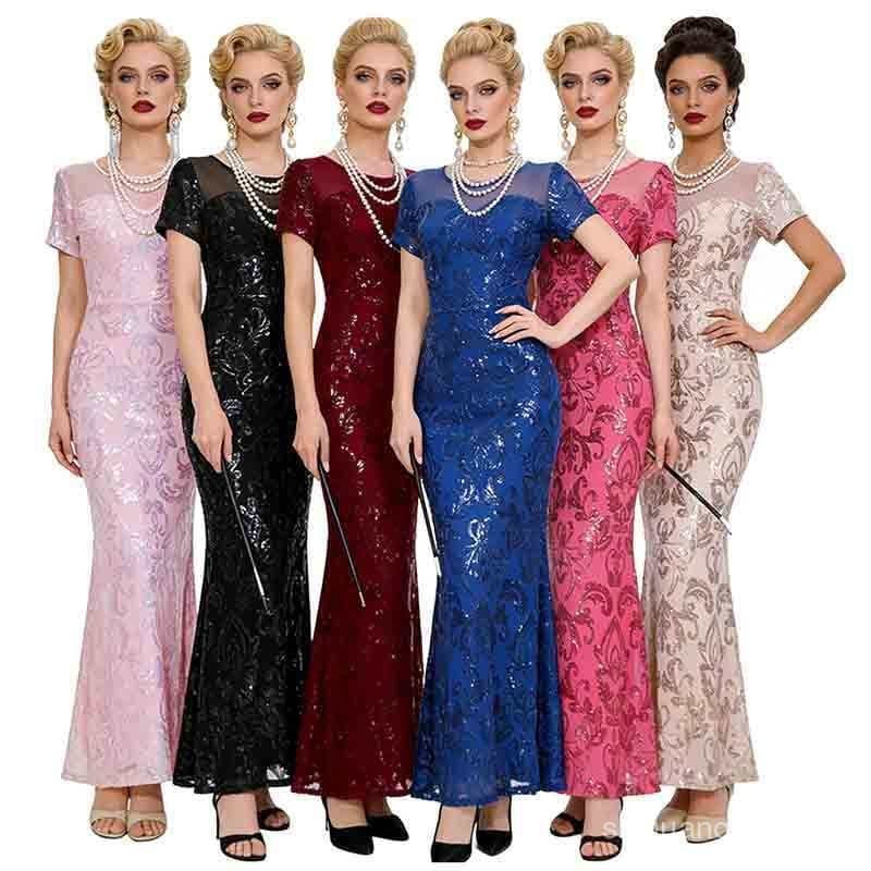 Vestido de Baile Retro Anos 90 com Lantejoulas, Vestido Longo de Festa Feminino, Ajuste Justo, Material Poliéster K57K