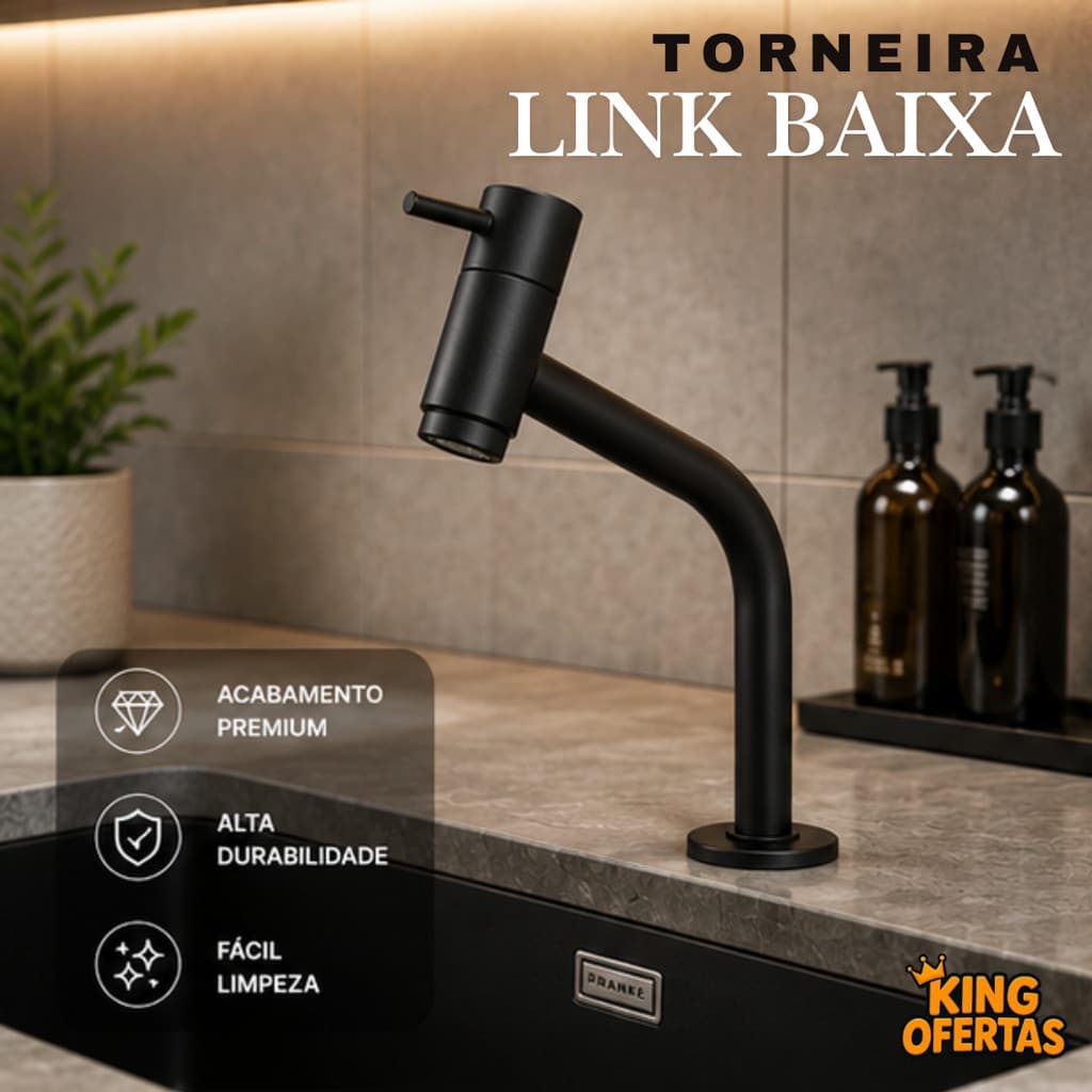 Torneira Banheiro Lavatório "Link Baixa" Black 1/4 Volta em Aço Inoxidavel