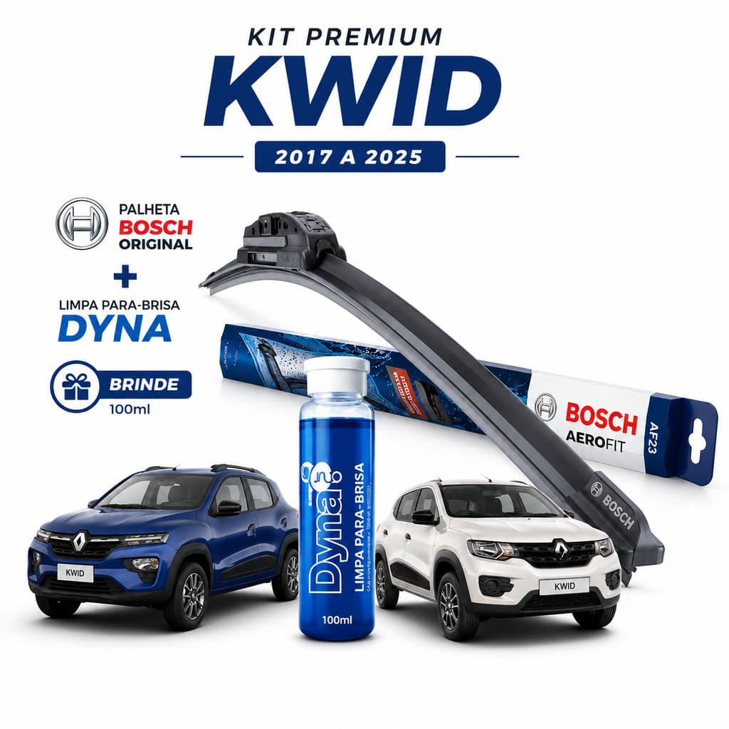 Palheta Bosch AeroFit Original Silenciosa Renault Kwid 2017 a 2025 + Limpa Para Brisa Dyna 100ml