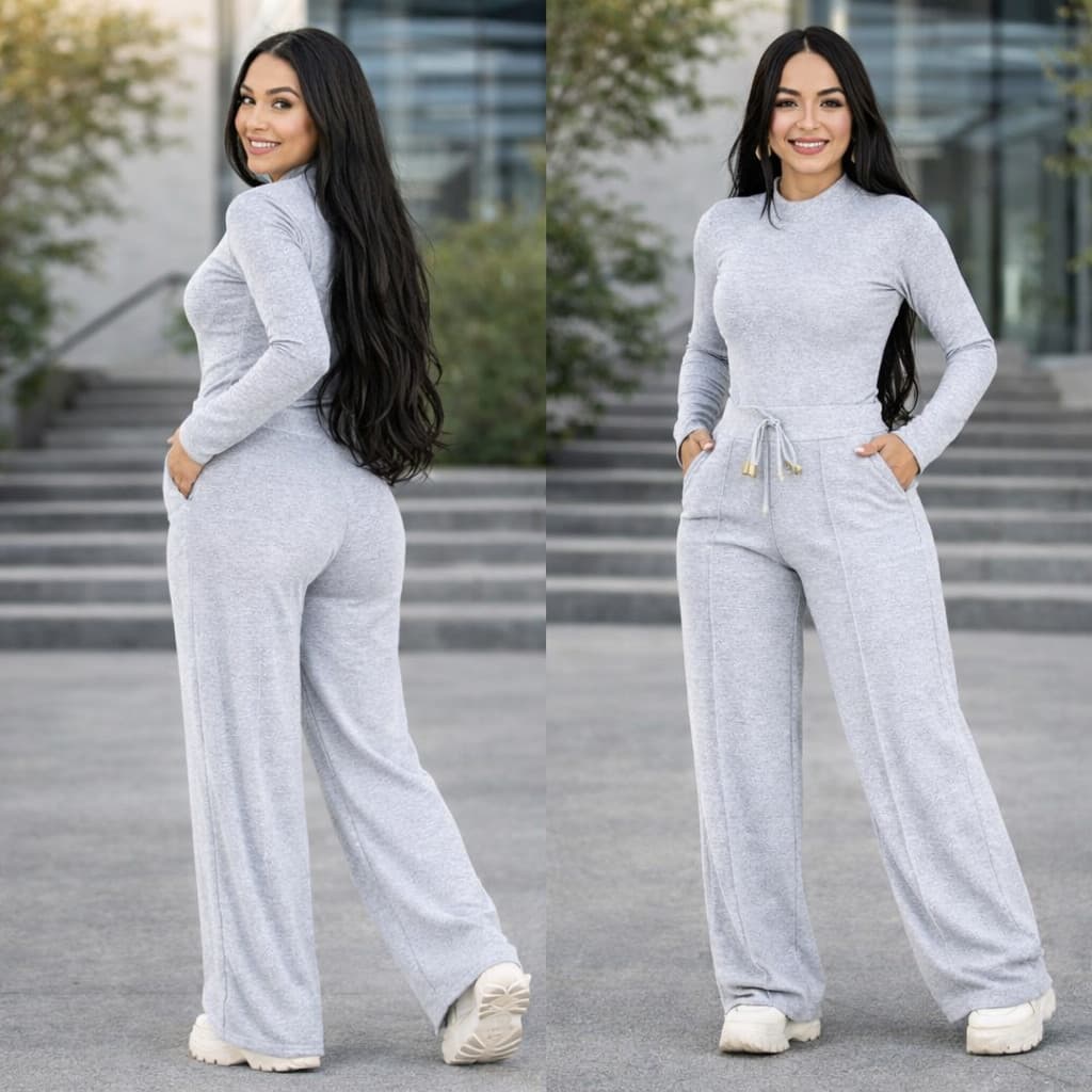 Conjunto de Lãnzinha Cropped Manga Longa e Calça Inverno Moda Outono Inverno