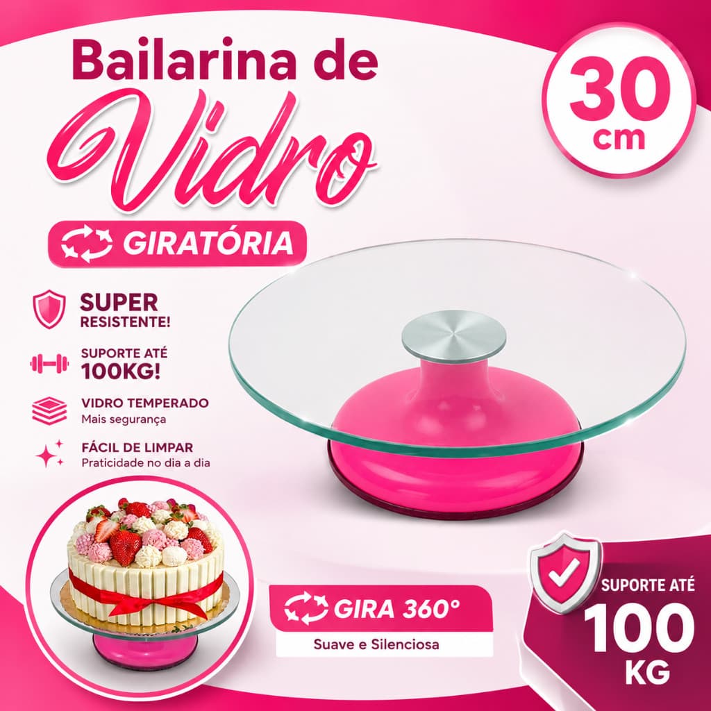 Bailarina de Vidro 30 cm Profissional Giratória Suporta 100kg Silenciosa Resistente Bolo Confeitaria