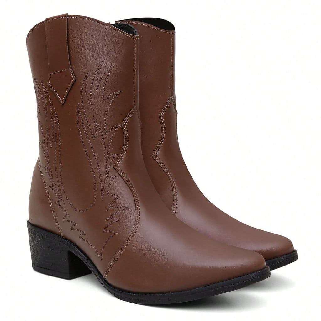 Bota Feminina Texana Caramelo Bico Fino Bordada Western