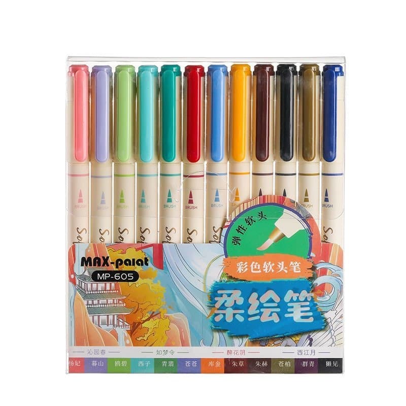 Kit de Canetas de Caligrafia com Pincel Macio de 12 Cores para Scrapbooking