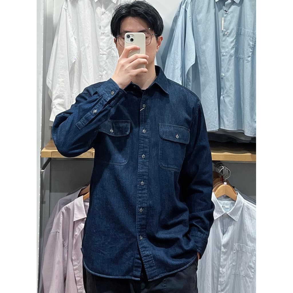 Commuter Workwear estilo Denim camisa das mulheres dos homens manga longa solta lavado camisa azul escuro primavera novo