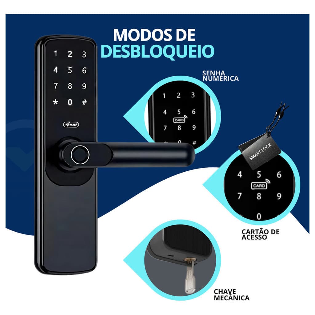 Fechadura Inteligente Abre Com Chave/Tag/Senha/Digital/Cartão - Knup KP-CA621