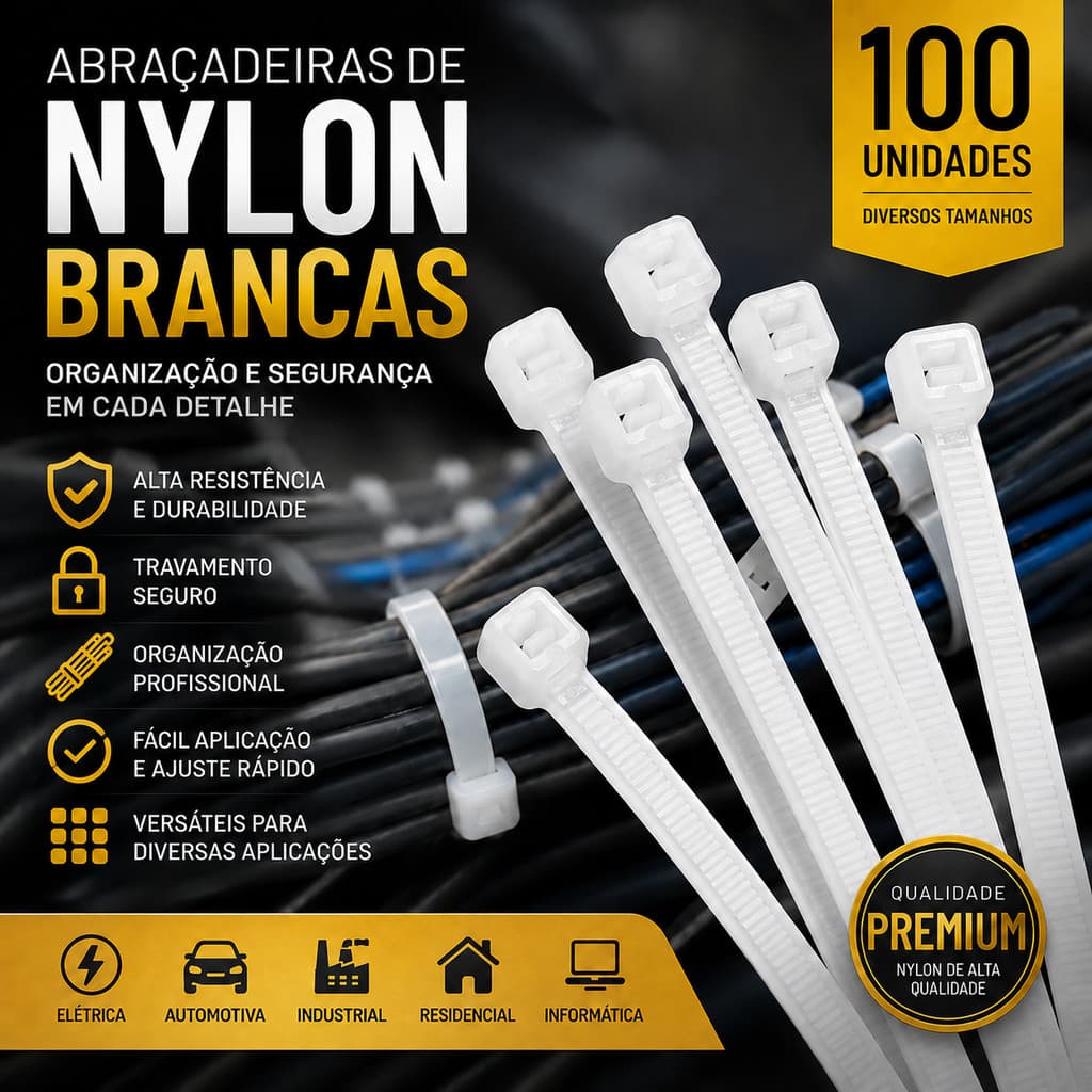 ABRAÇADEIRA DE NYLON BRANCA ENFORCA GATO KIT 100 UNIDADES ALTA RESISTÊNCIA ORGANIZADOR DE FIOS E CABOS DIVERSOS TAMANHOS