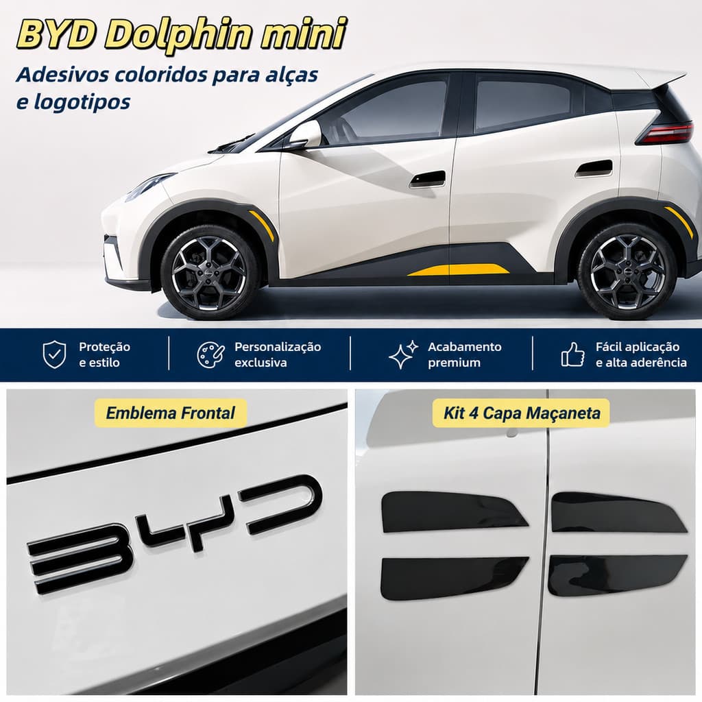 Adesivo Logo BYD Dolphin Mini + Kit 4 Capas Maçaneta + Emblema Frontal Carro