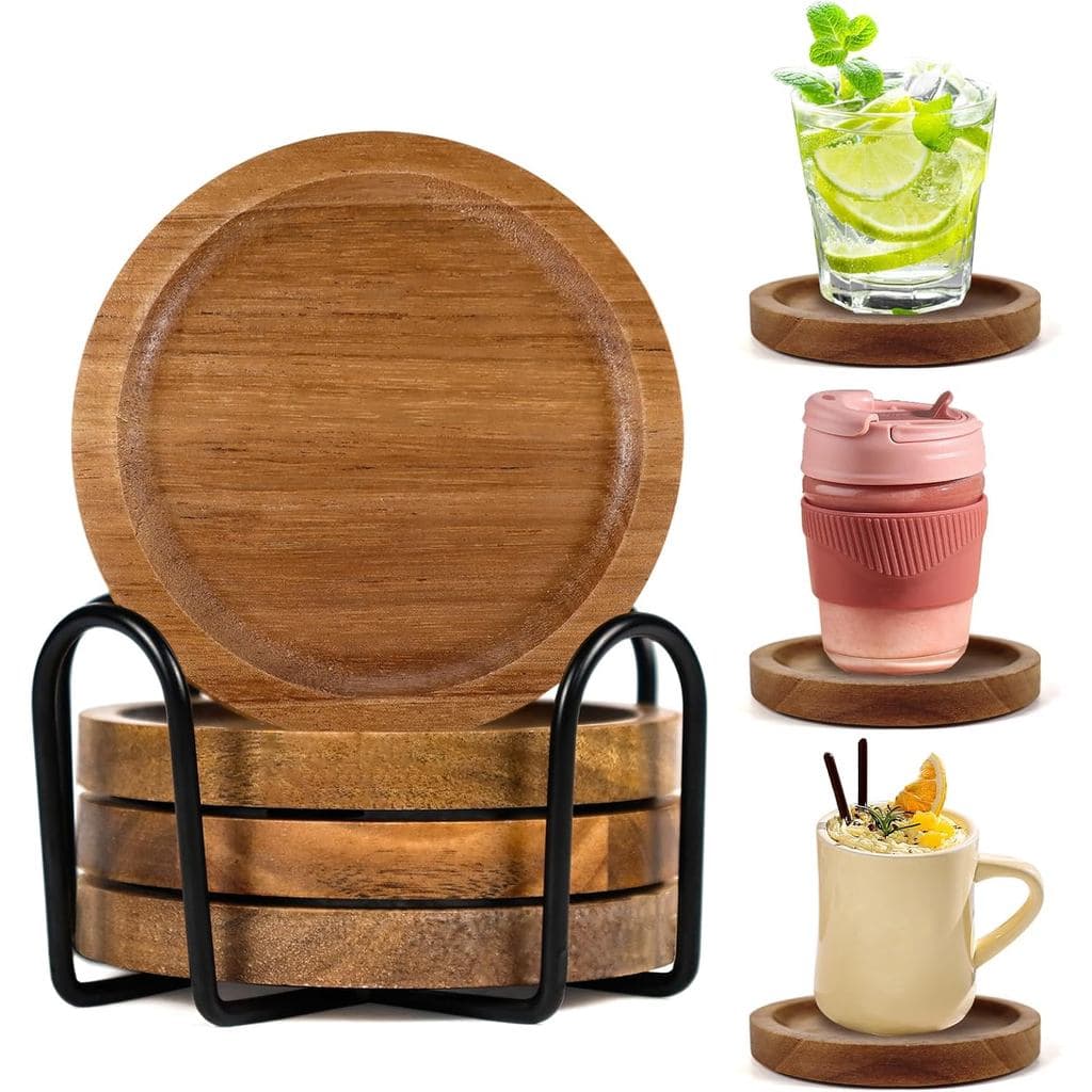 Conjunto de 4 Porta-Copos de Madeira de Acácia com Suporte – Porta-Copos de Madeira Natural com Pés de Espuma, Antiderra