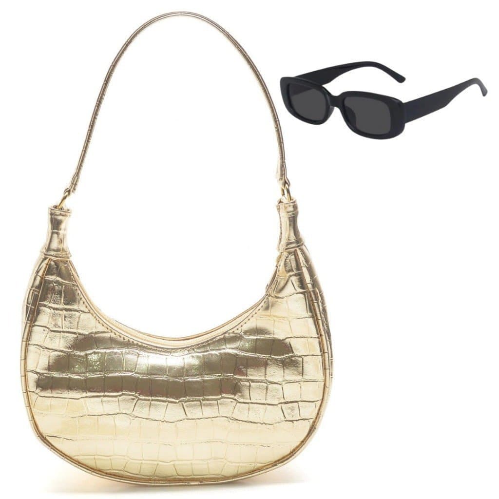 Kit Bolsa Feminina Meia lua Baguete em Croco Veniz + Óculos de Sol Promoção