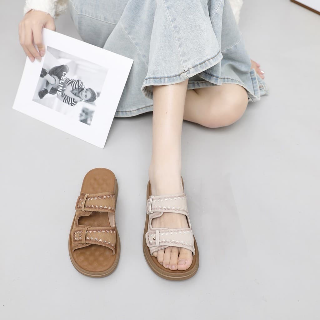 Retro rebite bordado Casual fivela dupla chinelos de sola grossa feminino Birken All-Ma