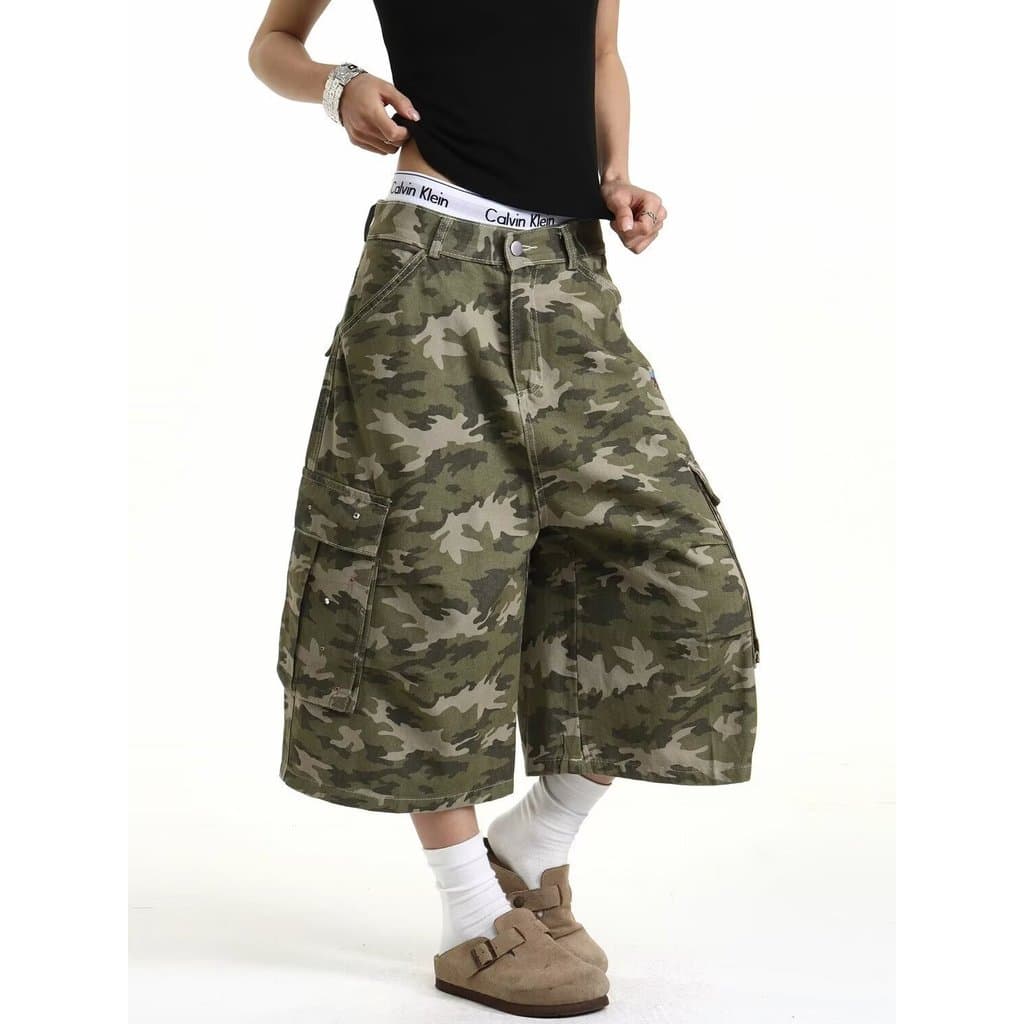 Americano Retro cintura alta Denim Shorts feminino camuflagem calças retas perna larga calças masculinas