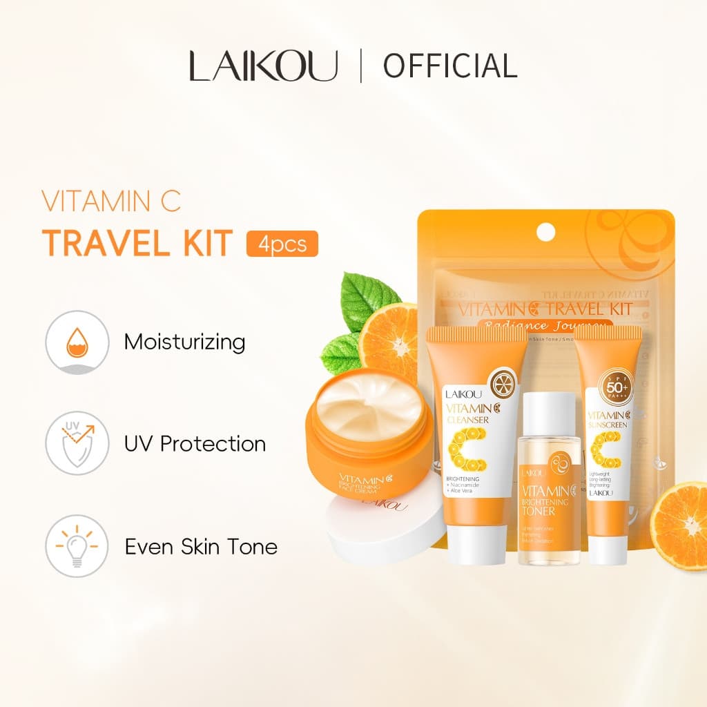 Kit de Cuidados com a Pele para Viagem LAIKOU com Vitamina C 4 peças/Pacote Hidratante Suaviza Rugas Ilumina e Tonifica