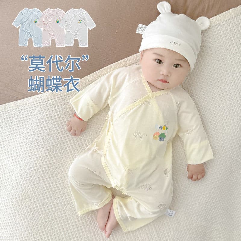 Modal roupas de bebê verão macacão fino recém-nascido proteção da barriga rendas pijamas verão bebê ar condicionado roup