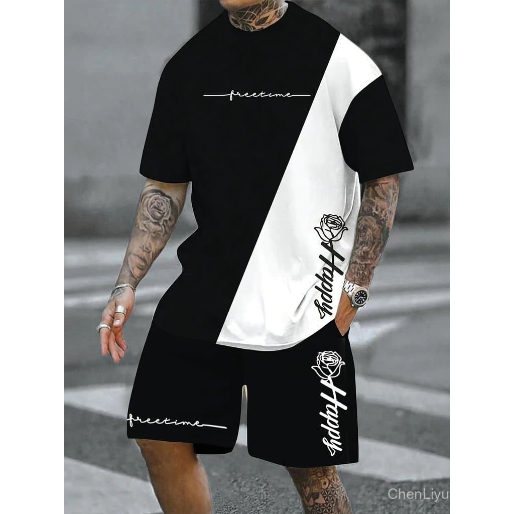 Conjunto de Roupas Masculinas para Atividades ao Ar Livre, Camiseta de Manga Curta com Aplicações de Letras Rosa e Short