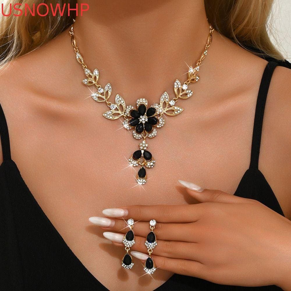 Conjunto De Joias De Cristal USNOWHP 3 Peças , Brincos Brilhantes Requintados , Banquete De Colar De Strass Dourado Luxu
