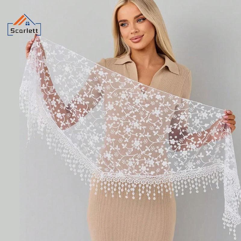 [Scarlett] Lenço Triangular Floral Bordado De Renda Étnico Feminino Elegante Leve Xale De Cabeça Moda Verão [Preferido]