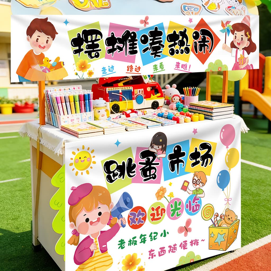 Estilo bonito dos desenhos animados das crianças mercado de pulgas tenda decoração pano jardim de infância mercado de pu