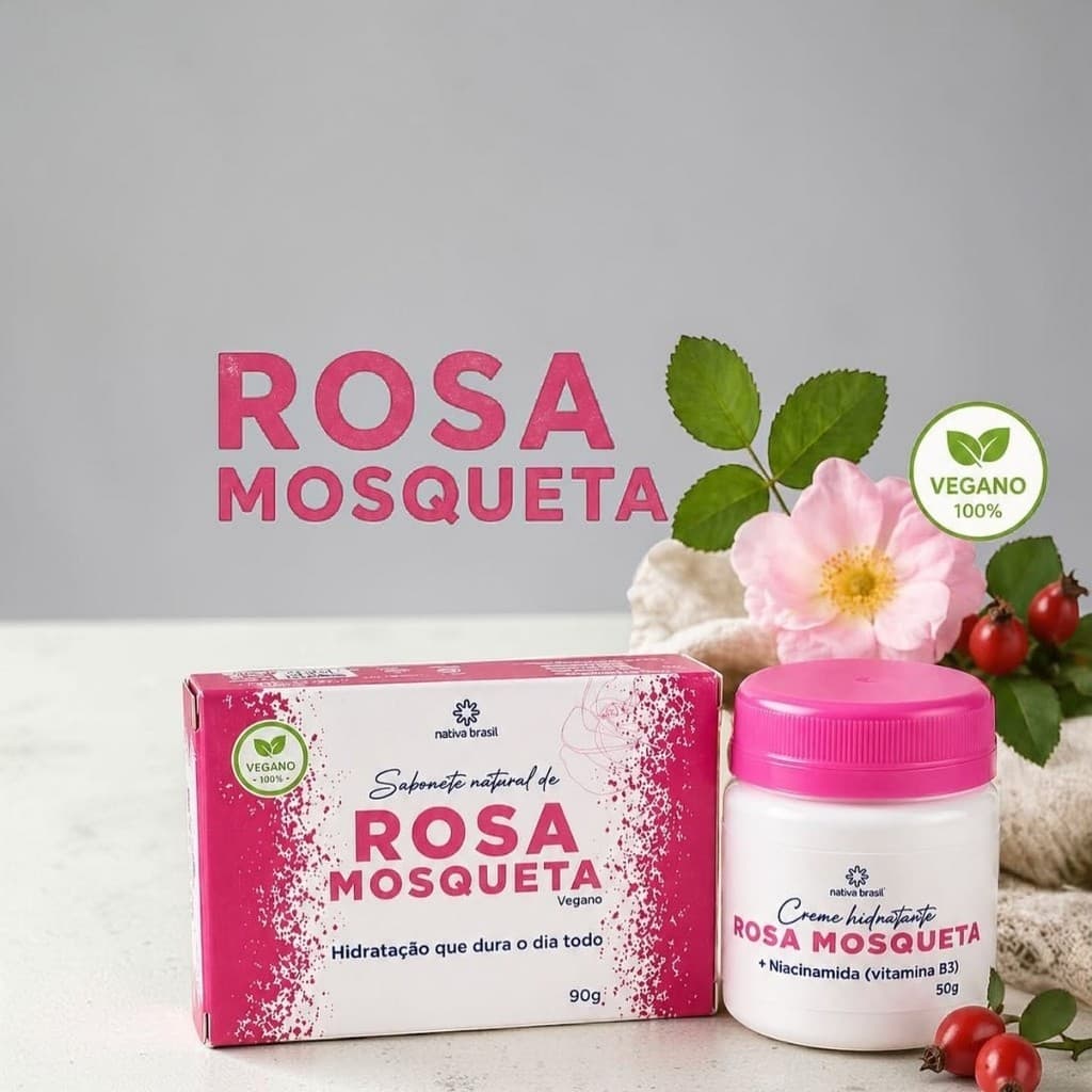Kit Clareador Rosa Mosqueta Nativa Brasil - Sabonete 90g + Creme Hidratante 50g | Hidratação Profunda | Vegano 100%