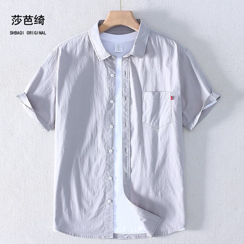 Sabaqi verão de manga curta lapela masculina preto branco meia manga camisa fina solta Casual americano puro algodão cam