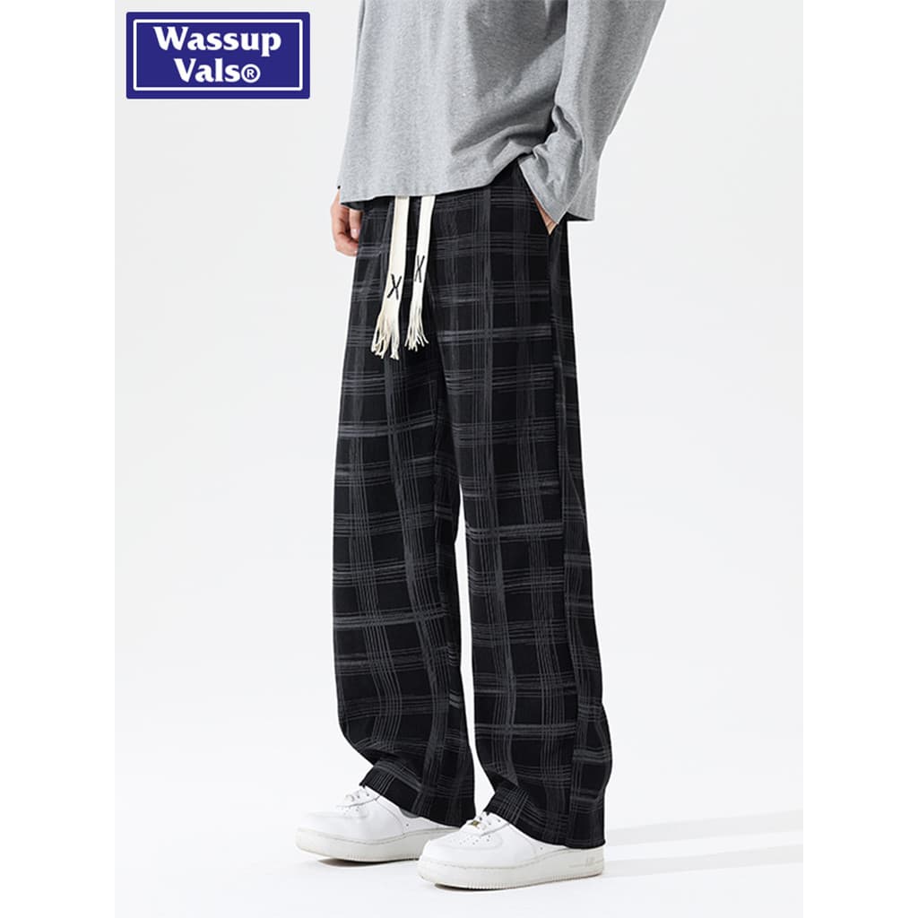 WASSUP VALS American Primavera Outono Xadrez Calças Casuais Masculinas Soltas Retas Perna Larga Drape Calças Com Cordão