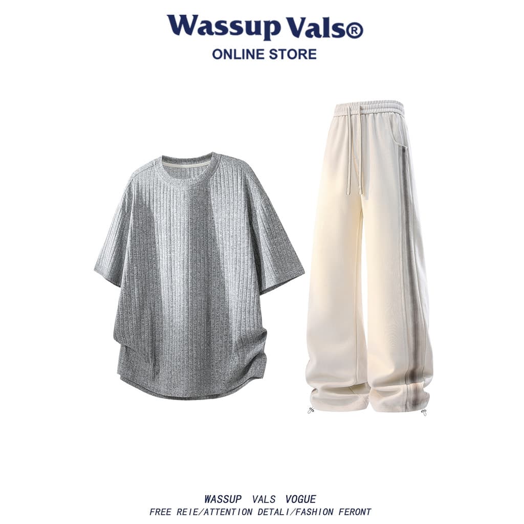 WASSUP VALS Tamanho Grande Novo Estilo Textura de Verão Em Torno Do Pescoço Camiseta Manga Curta Homens Listrado Costura